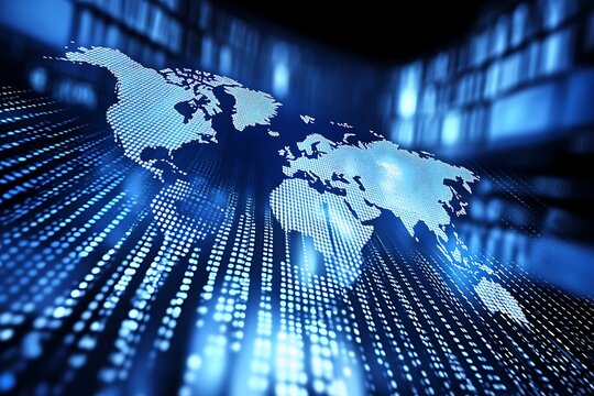 Digital globe of north and south america illuminated by glowing blue data streams and binary code in a futuristic network environment