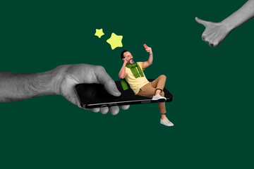 Art sketch 3d image full collage of happy businessman lay phone star recommendation hands show like...