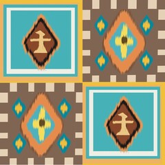 Seamless handdraw pattern with geometric shapes and tribal motif in warm brown blue and yellow tones for textile or wallpaper