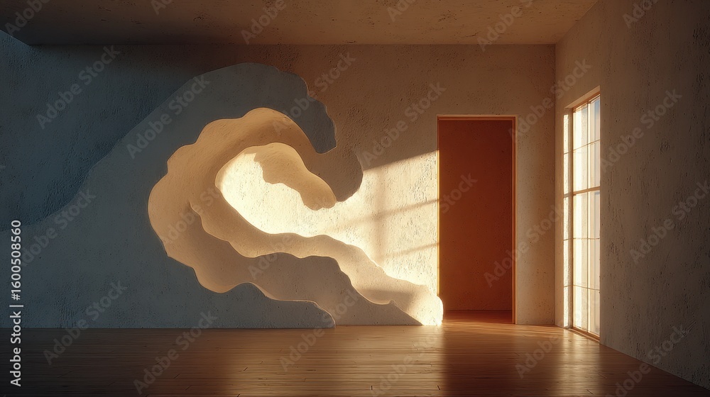 Fototapete sunlight illuminates a wall design with wave-like structure creating an abstract modern interior des