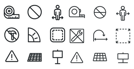 Measurement and geometry linear icons set – outline, tools, design and drafting symbols