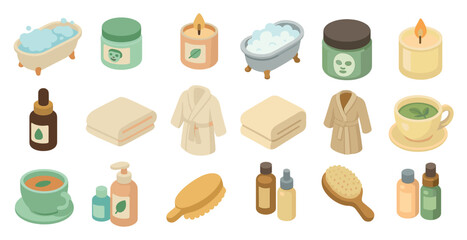 Home spa and relaxation icons set – isometric, filled, bath and wellness symbols