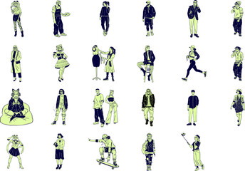 Fashionable people illustration trendy style diverse characters modern outfits casual wear street style artwork design drawing - vector illustration