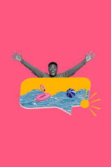 Vertical image art pop collage of happy man peek bubble sea water swim flamingo lifebuoy ball sunny weather summer season
