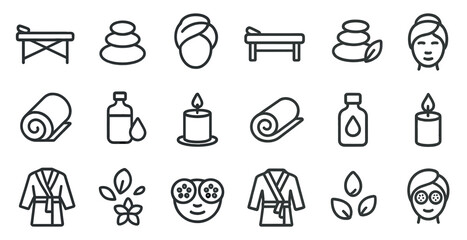 Fototapeta premium Spa and wellness linear icons set – relaxation, beauty, rejuvenation symbols