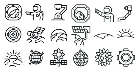 Space exploration outline icons set – linear, astronomy, cosmic travel symbols
