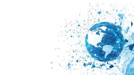 Digital globe with glowing blue continents and abstract data streams against a clean white background
