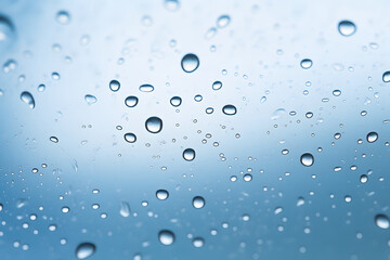 Closeup of water drops sliding on wet surface. Blue background. Generative AI
