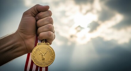 A hand triumphantly holds a gold medal against a dramatic sky, symbolizing victory and achievement.