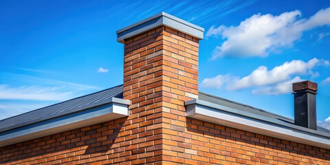 A sturdy brick chimney stack atop a modern contemporary house rooftop with sleek lines and clean architecture