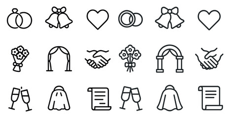 Wedding and romance outline icons set – elegant, linear, love symbols collection