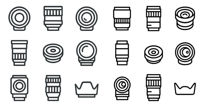 Camera lens outline icons set – photography, optics, equipment symbols
