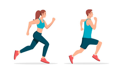 Young woman and man running in flat style isolated on white background. Runner sport people. People jogging. Vector stock
