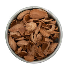 a ceramic bowl filled with almond shells isolate on transparent background