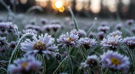 Frosted lavender flowers in a field with sun rising at dawn