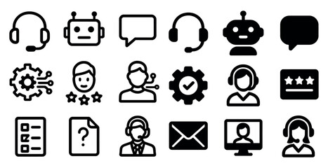 Customer support silhouette icons set – chat, headset, communication graphics