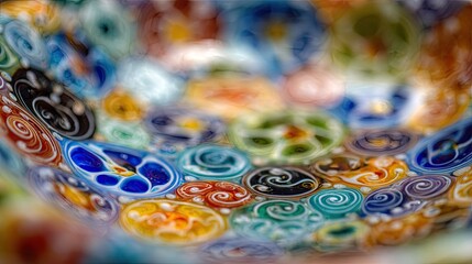 Close-up of colorful, patterned glass bowl