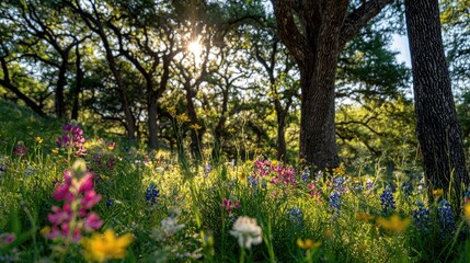 Obraz premium Colorful wildflowers bloom beneath a canopy of trees.