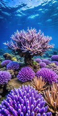 Obraz premium Coral colony on a rocky reef with purple staghorn coral as main structure