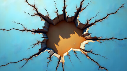 Circular cracked surface with central hole and jagged vein like patterns in blue and earthy brown composition