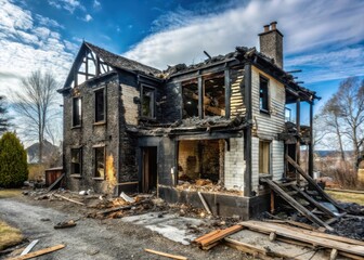 Devastated house with charred remains and blackened walls after a fire