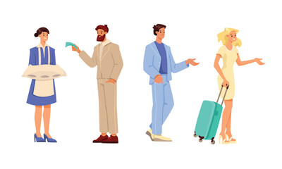 Stylized Characters Depicted in Various Travel and Hospitality Situations Around Us
