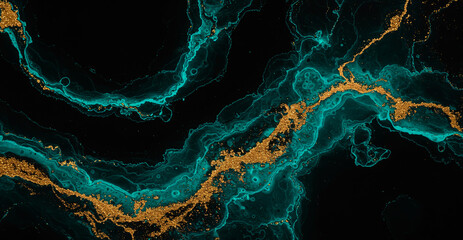 Abstract swirling nebula of teal and gold on a deep black background