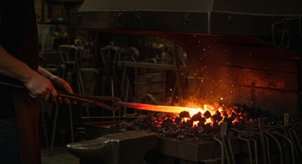 A blacksmith heats metal in a forge