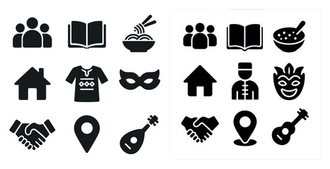 Community and culture silhouette icons set – solid, bold, group and social symbols