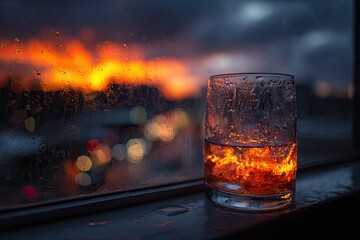Glass of drink at window, sunset view