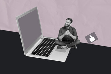 Creative full artwork collage of happy man blogger hold phone gadget freelancer thumb up reaction...