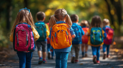 Children with backpacks on a hike