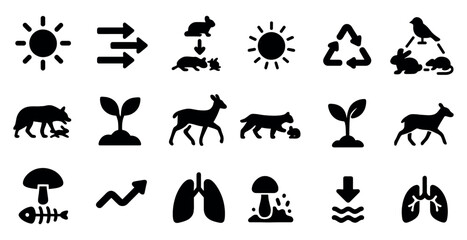 Fototapeta premium Sustainability and nature silhouette icons set – flat, eco-friendly, conservation symbols