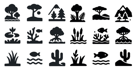 Fototapeta premium Nature and environment solid icons set – filled, silhouette, outdoor and eco symbols