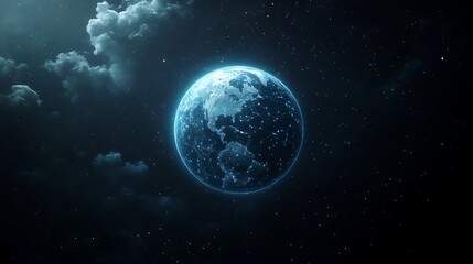 Fototapeta premium Glowing earth planet with bright city lights visible from space surrounded by dark clouds and stars