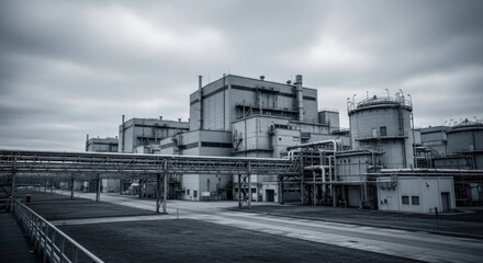 Obraz premium A stark, black and white photograph of a large industrial plant with a complex network of pipes and buildings under a cloudy sky.