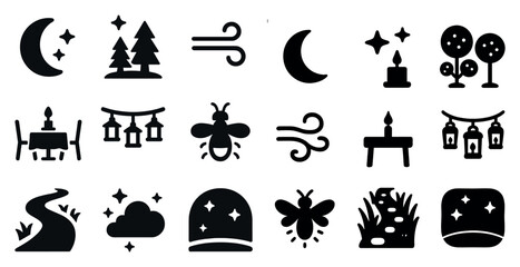 Naklejka premium Night and nature silhouette icons set – lunar, starry, outdoor designs