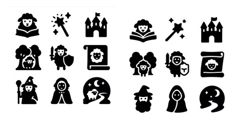 Fantasy and adventure solid icons set – silhouette, filled, magic and quest symbols