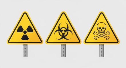 A set of three yellow triangular hazard warning signs: radioactive, biohazard, and poison (skull and crossbones), on posts.