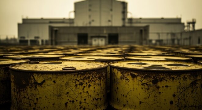 A field of decaying, rusty barrels of radioactive waste outside of an old nuclear power plant, a concept for contamination.