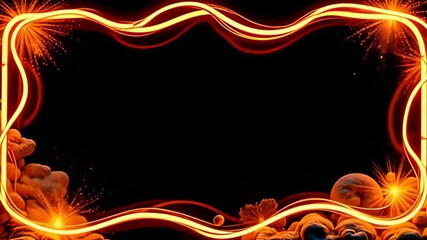 Amidst a canvas of darkness, the Neon tube Border Frame bending in rhythmic flow curves and twists with precision, encircled by radiant spirals of golden and silver hues, creating a sense of