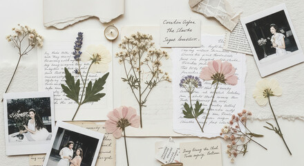 Vintage wedding photos and dried flowers on handwritten letters