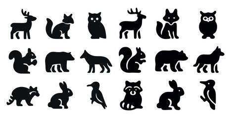 Obraz premium Forest wildlife silhouette icons set – animal, nature, woodland symbols