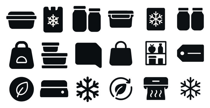 Food storage solid icons set &ndash; silhouette, filled, kitchen organization symbols