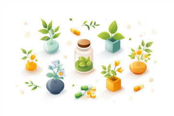 Isometric Soft‑Tone Wellness Scene: Herbs, Capsules, Tablet & Bottle