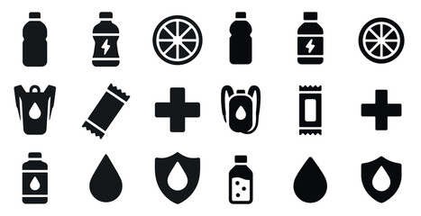 Energy drink and hydration solid icons set – flat, filled, wellness symbols