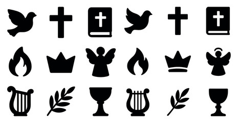 Religious symbols solid icons set – silhouette, filled, spiritual graphics