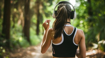 Young woman jogging with headphones on forest path outdoors  