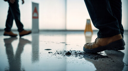 Construction worker tracking mud onto polished lobby floor  