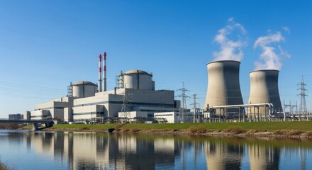 A riverside nuclear power plant with its cooling towers and reactor buildings reflecting in the calm water on a sunny day.